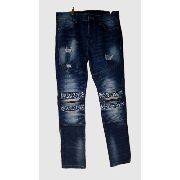 Supply & Demand Moto Jeans Mens 34X33 Blue Skinny Stretch Distressed Streetwear - Picture 1 of 9